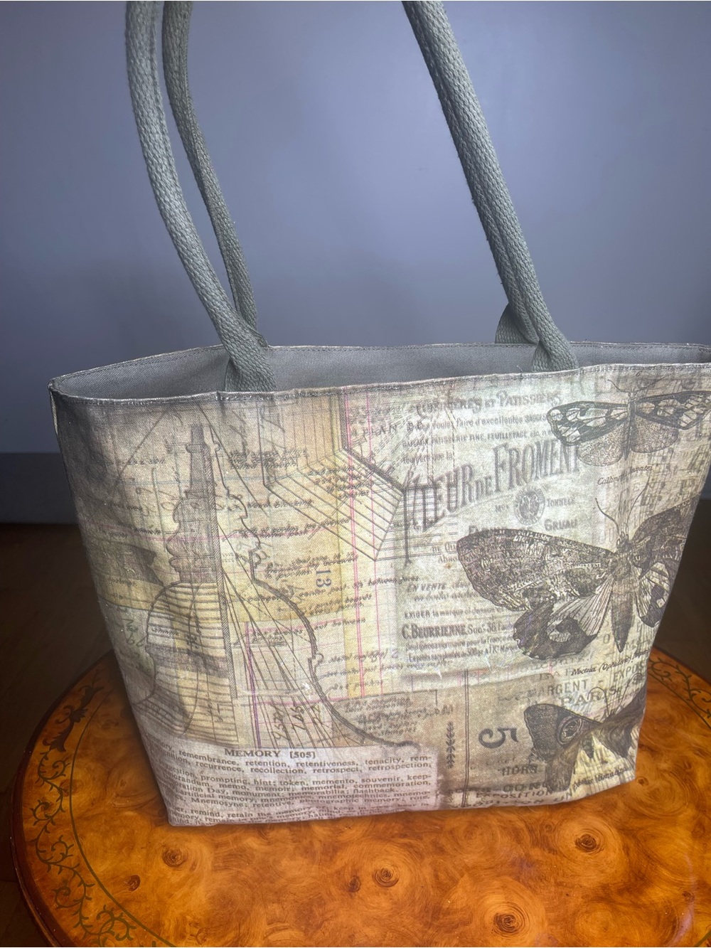 Neutral Gray Vintage Print Canvas Tote Bag with Rope Handles